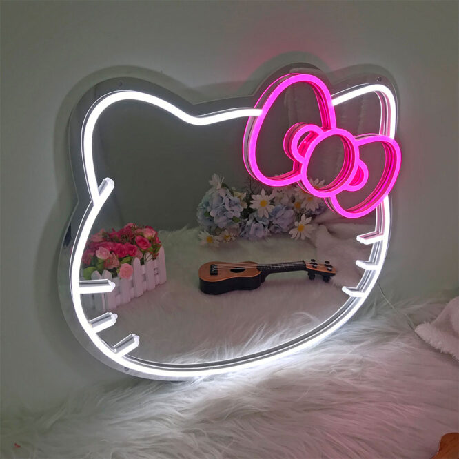 Kawaii Kitty LED Neon Mirror Anime Cartoon Cute Vanity Mirror with Led Lights Girls Desktop Wall Decoration Makeup Mirror Lamp