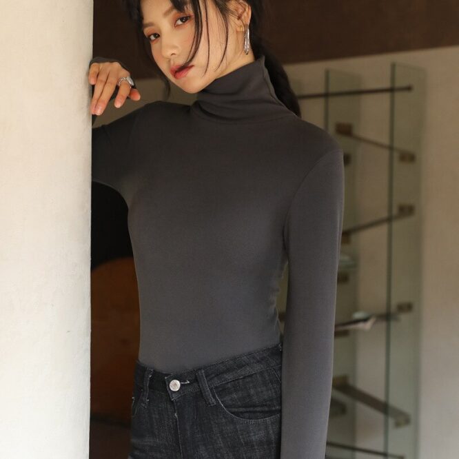 Solid Color Velvet Slim T-shirt Pile Turtleneck Blouse Women Autumn Winter Warm Tees Thick Long-sleeved Office Lady Tight Tees - Image 5