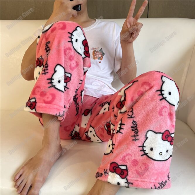 2023 Anime Sanrio Hello Kitty Pajamas Black Flannel Women Kawaii Woolen White Cartoon Casual Home Pants Autumn Fashion Trousers - Image 4