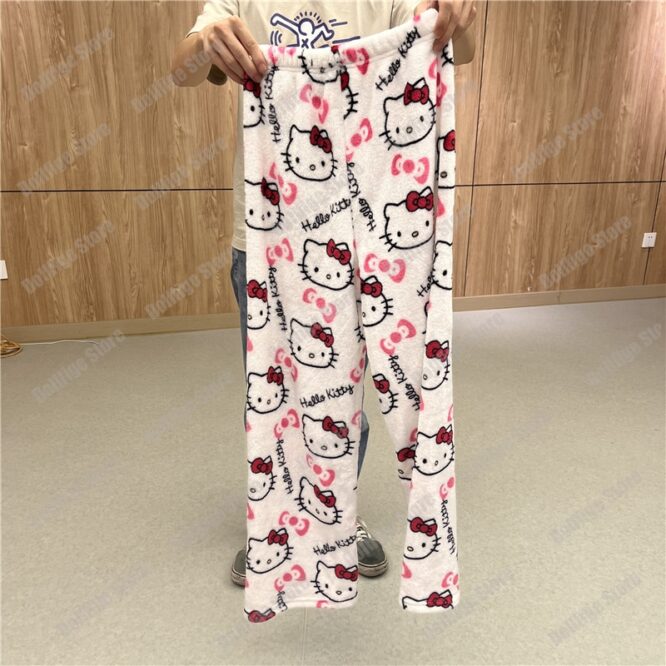 2023 Anime Sanrio Hello Kitty Pajamas Black Flannel Women Kawaii Woolen White Cartoon Casual Home Pants Autumn Fashion Trousers - Image 5