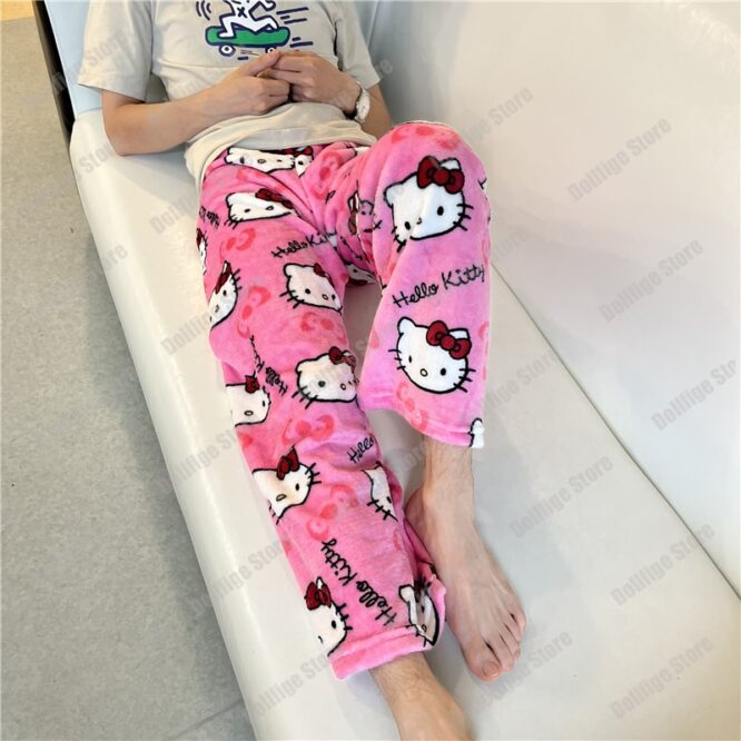 2023 Anime Sanrio Hello Kitty Pajamas Black Flannel Women Kawaii Woolen White Cartoon Casual Home Pants Autumn Fashion Trousers - Image 6